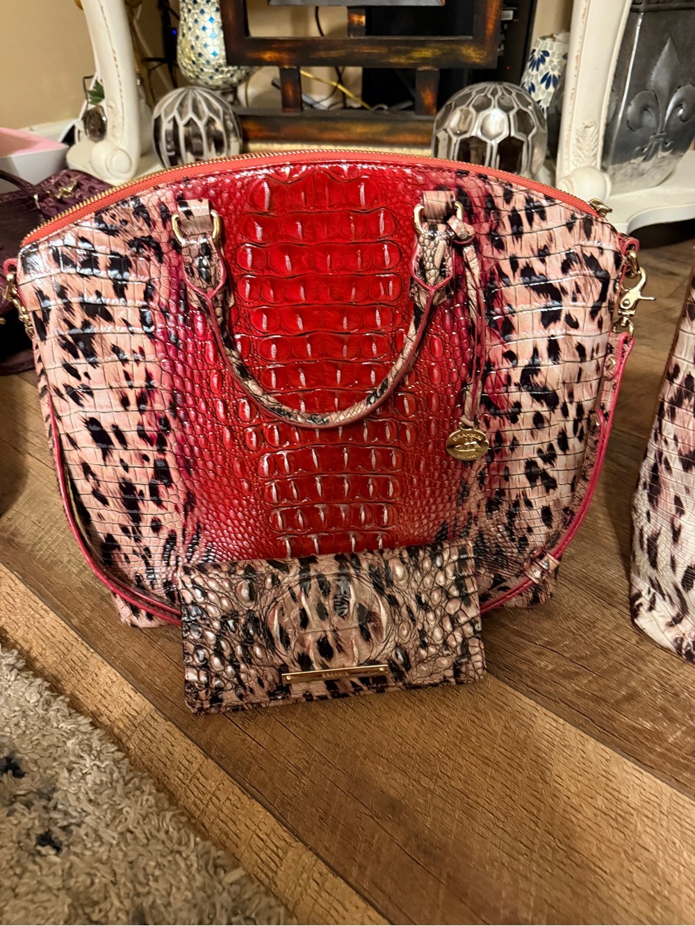 Brahmin Red Croc-Embossed Tote with Leopard-Print Panels and Matching Wallet